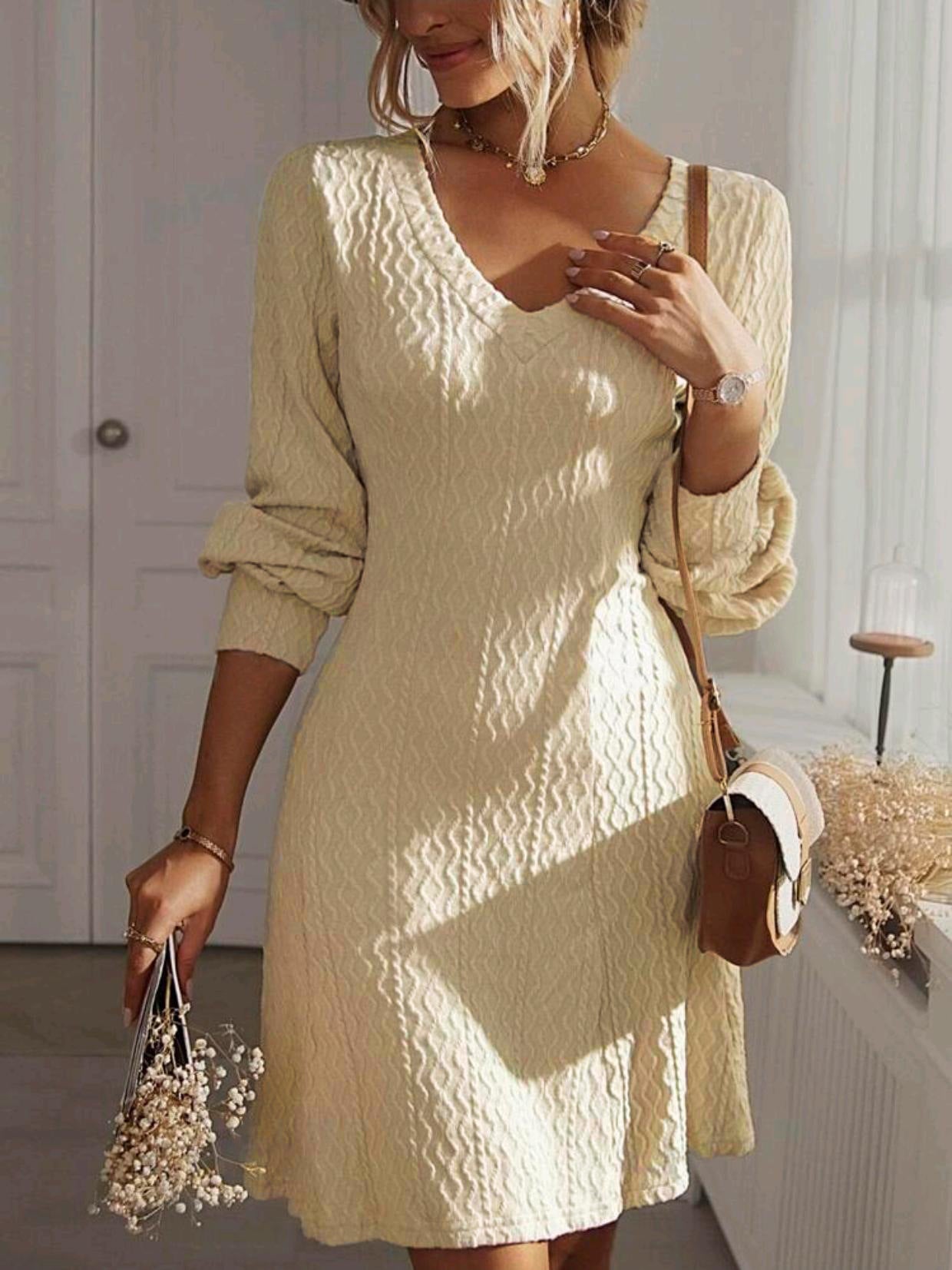 V-neck Textured Long Sleeve Elegant Dress ARZ