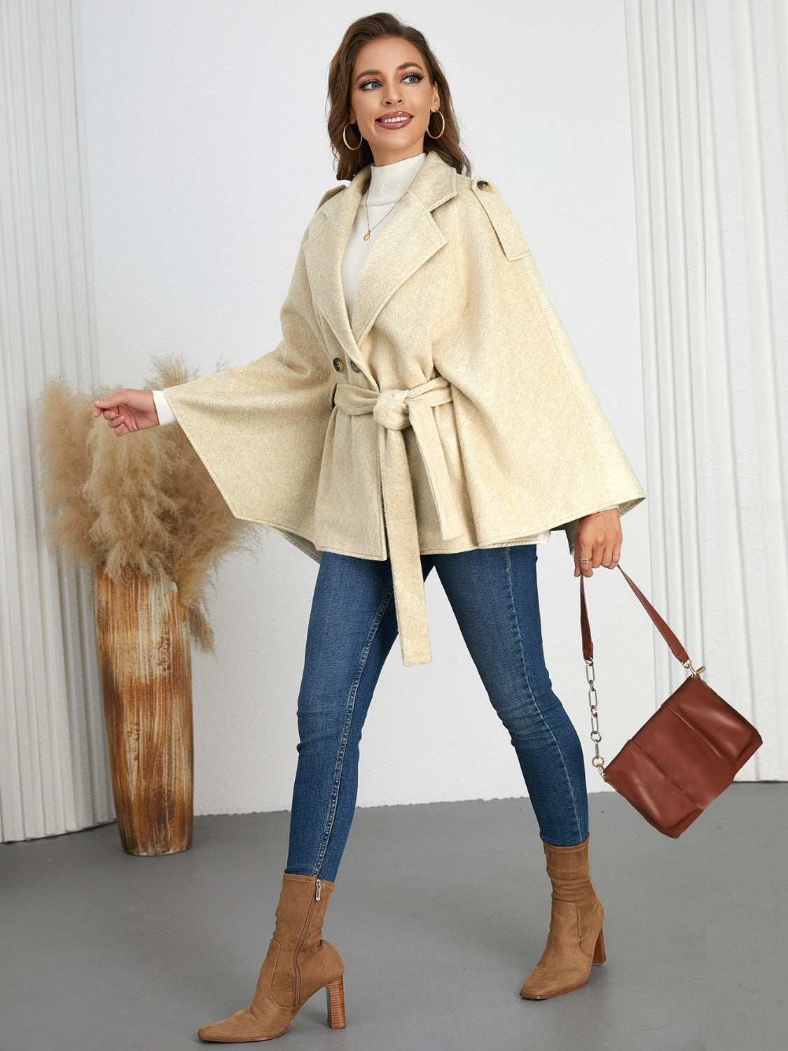 Double-Breasted Tie Waist Poncho Trendsi