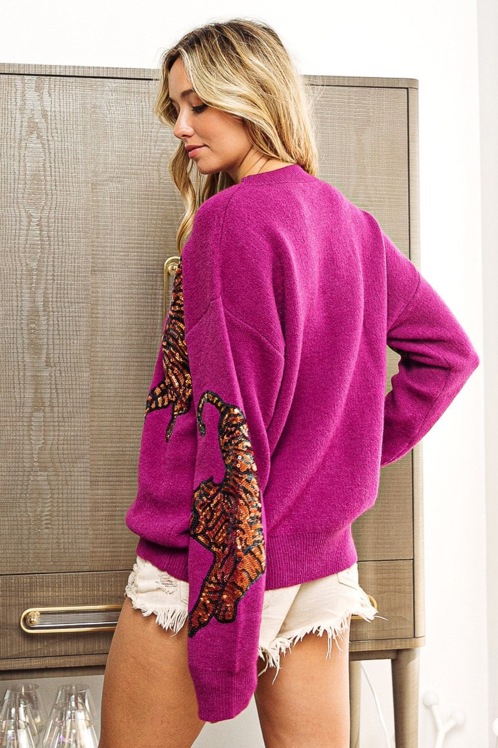 BiBi Sequin Tiger Embroidery Sweater Trendsi