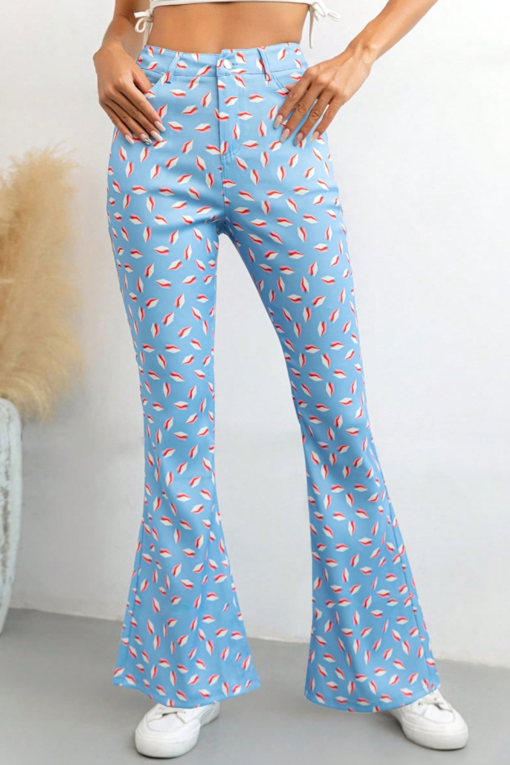 Printed High Waist Flare Pants with Pockets Trendsi