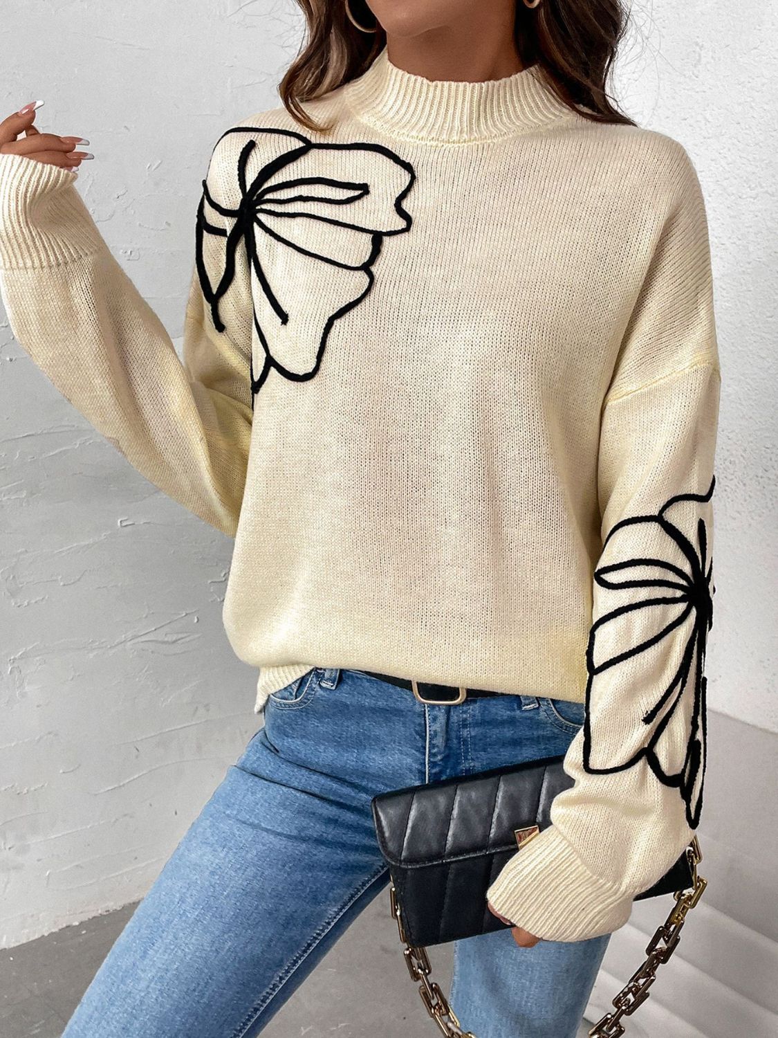 Perfee Mock Neck Dropped Shoulder Long Sleeve Sweater Trendsi