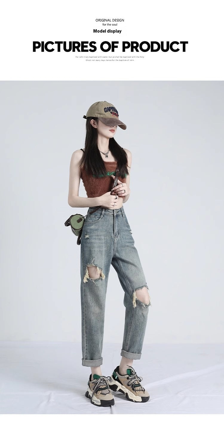 Ripped Daddy Jeans For Women Spring And Autumn 2024 New High Waist Loose Small ARZ