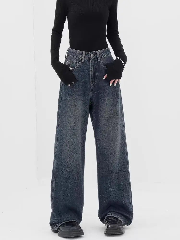 Retro Dark Blue Wide Leg Jeans Baggy Straight Trousers ARZ