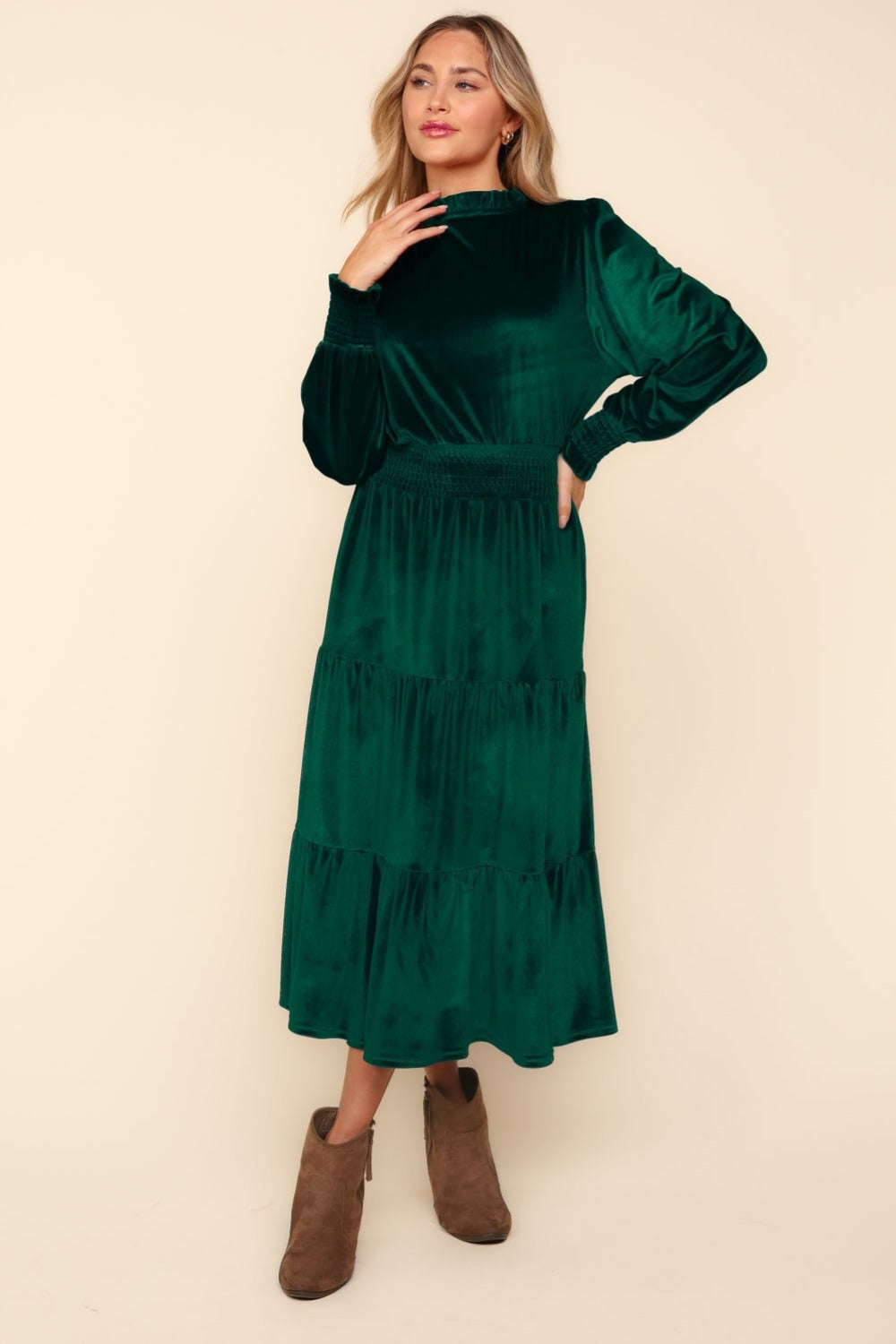 Haptics Mock Neck Smocked Waist Velvet Tiered Dress Trendsi