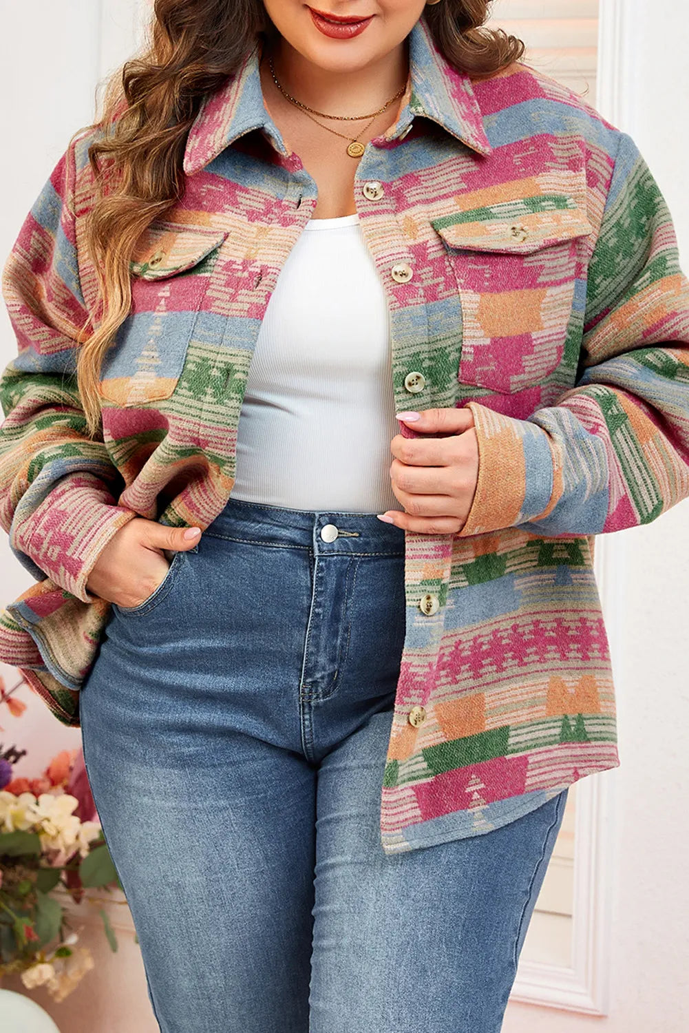 Plus Size Pocketed Printed Collared Neck Jacket Trendsi