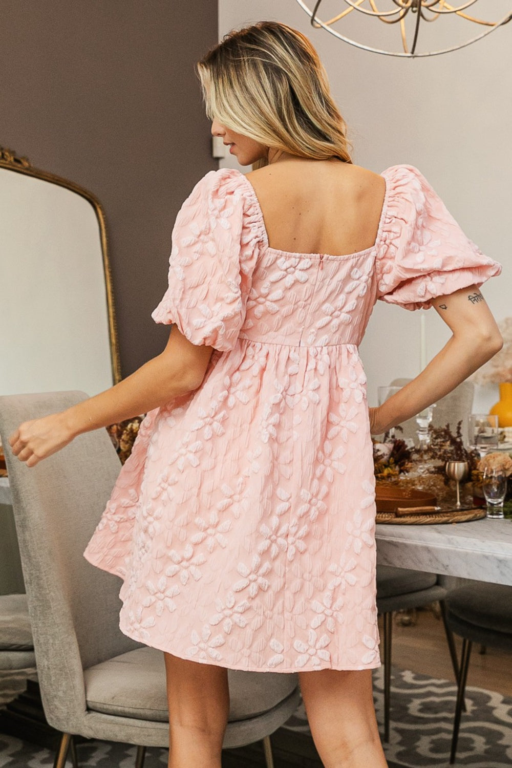 BiBi Flower Square Neck Puff Sleeve Dress Trendsi