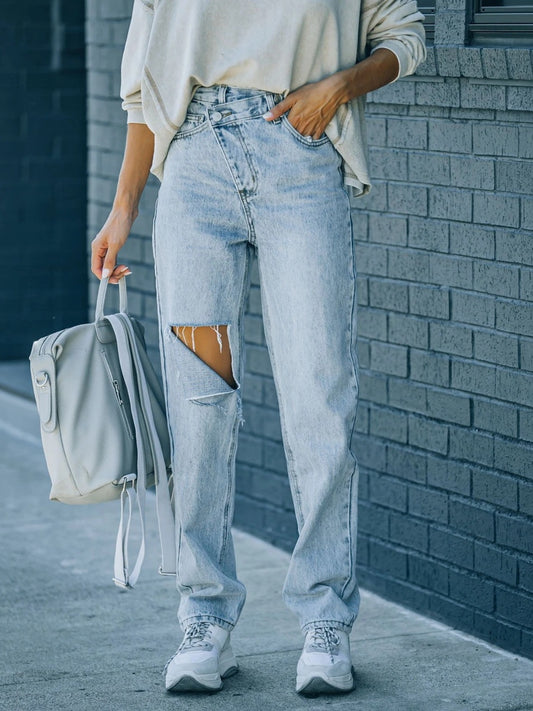 Distressed Asymmetric Waist Jeans Trendsi