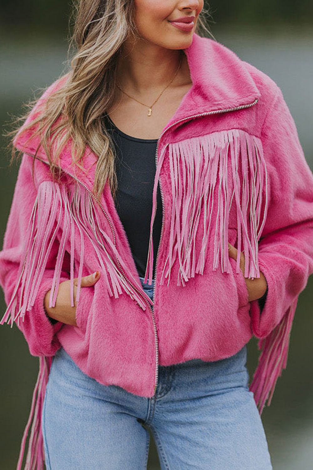 Fringed Zip Up Fleece Jacket Trendsi