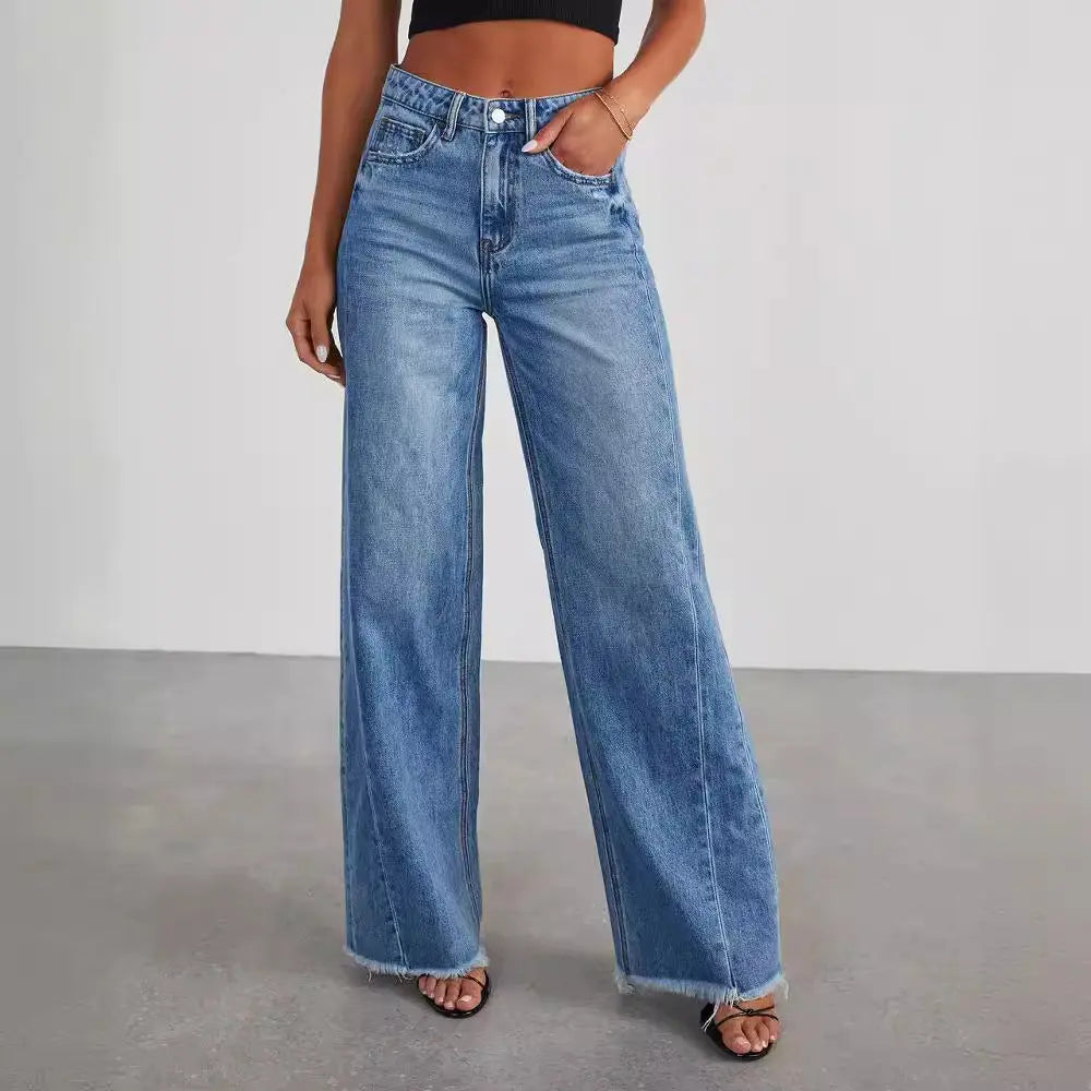 Women's Loose Wide-leg Side Seam Stitching Frayed Hem Jeans ARZ