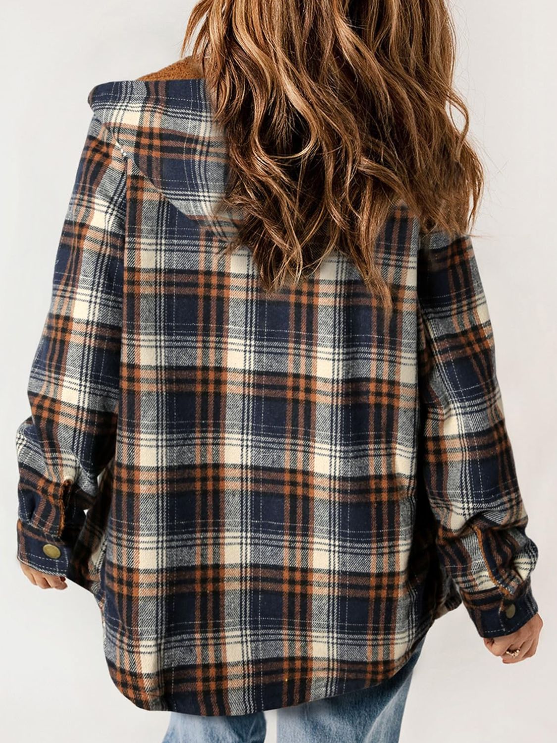 Plaid Snap Down Plush Hooded Jacket Trendsi