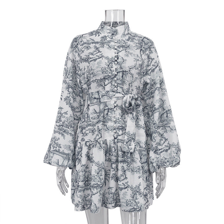 Ink Print Long Sleeve Short Dress With Fashion Puffy Sleeve Lapel Tie A-Line Dress Clothing ARZ