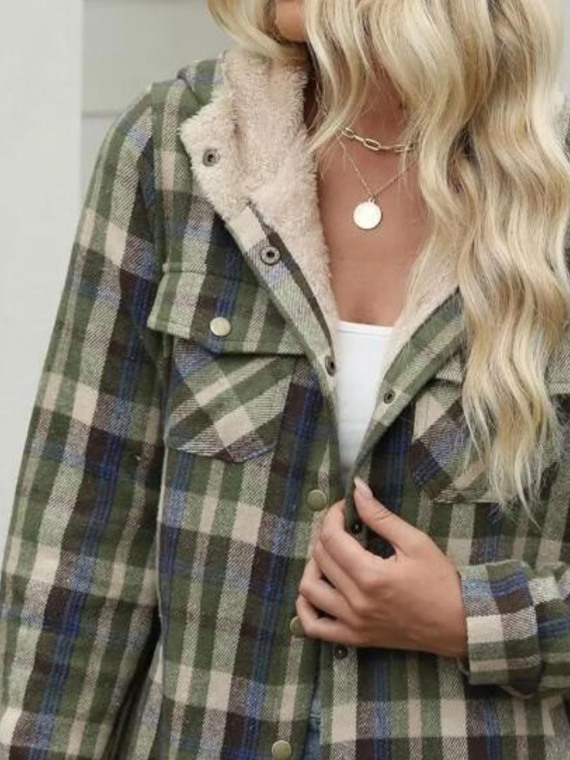 Plaid Snap Down Plush Hooded Jacket Trendsi