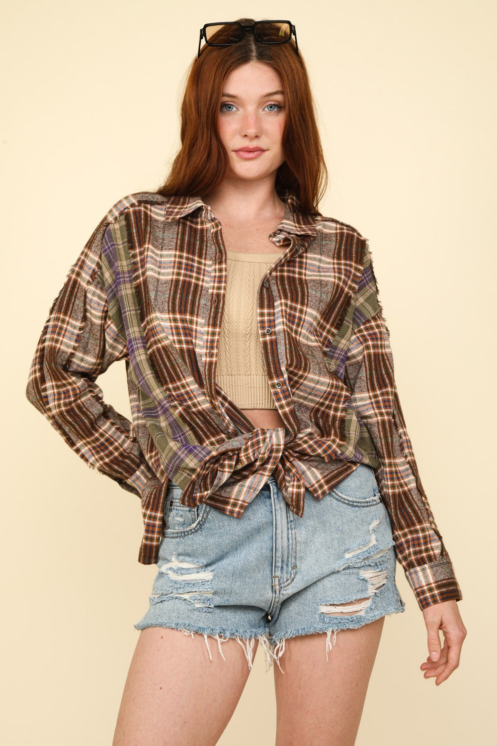 VERY J Contrast Plaid Raw Detail Shirt Trendsi