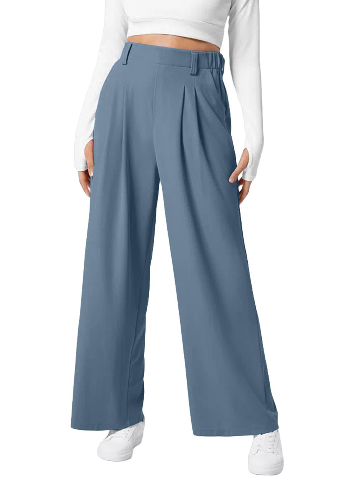 Women's Wide Leg Pants Elastic High Waist Waffle Knit Casual ARZ