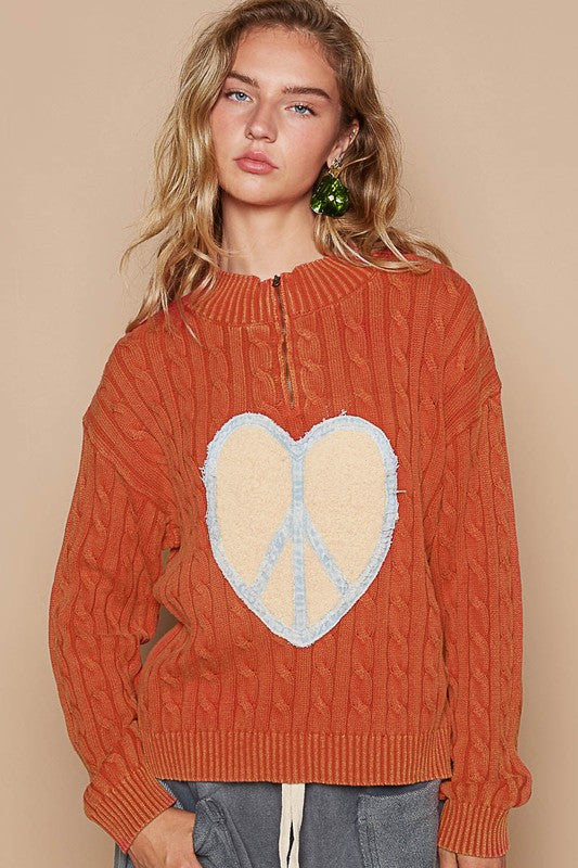 POL Cable-Knit Peace Patch Dropped Shoulder Sweater Trendsi