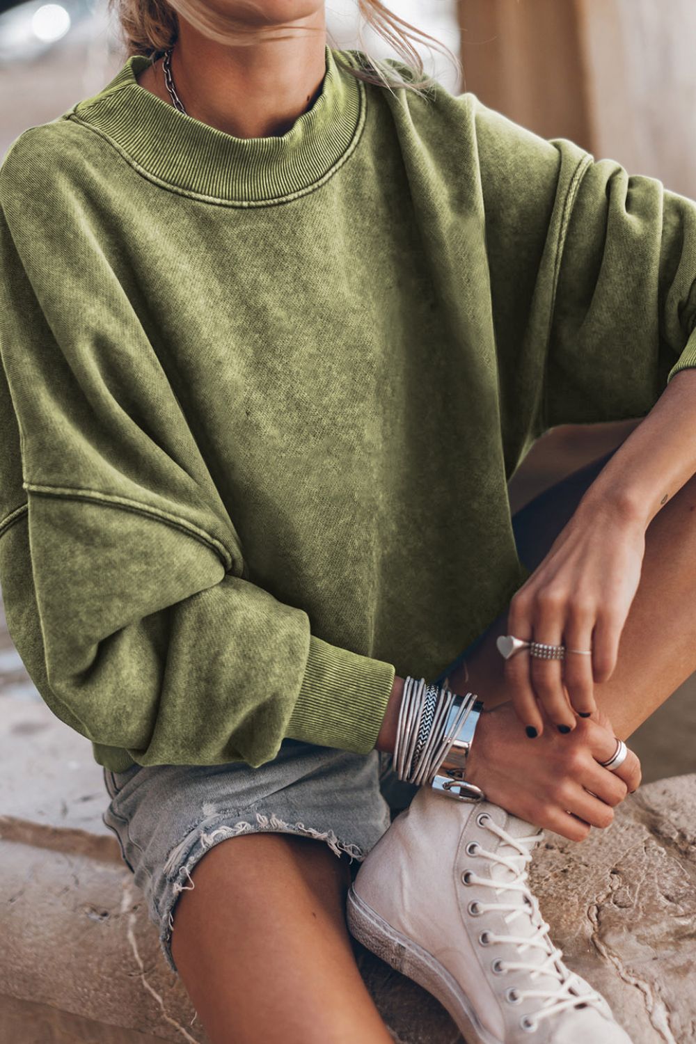 Mock Neck Dropped Shoulder Sweatshirt Trendsi