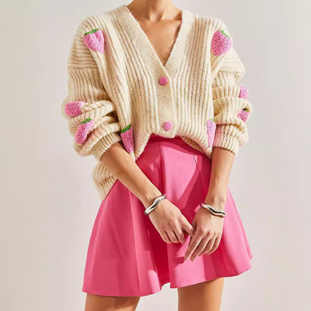 Sweet V-neck Beige Decorative Cardigan Sweater ARZ