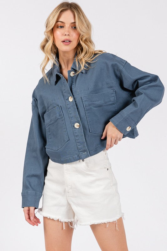 bytos Button Down Cropped Denim Jacket with Patch Pockets Trendsi