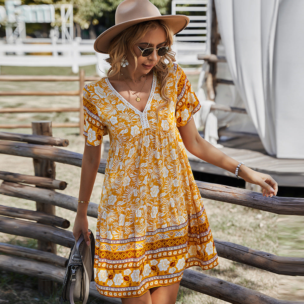 Women's Summer Boho Flower Print V Neck Dress ARZ