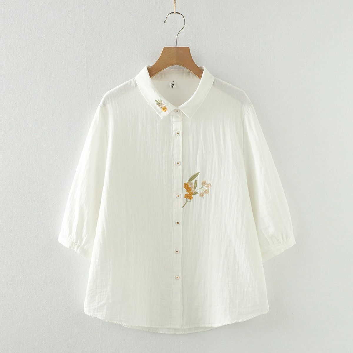 Artistic Flower Embroidery Double-layer Cotton Yarn Half Sleeve Shirt New Loose-fitting Short Sleeves Top ARZ