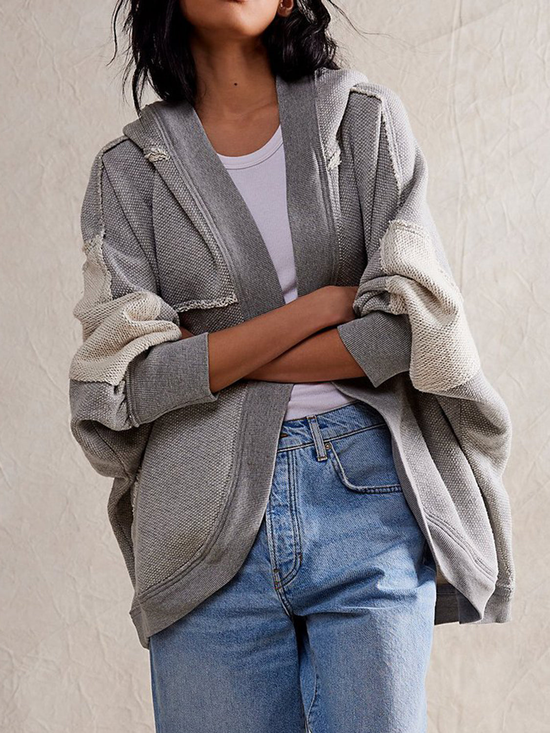 Exposed Seam Open Front Batwing Sleeve Hooded Cardigan Trendsi