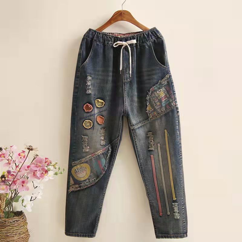 Ethnic Style Embroidered Retro Elastic Waist Jeans ARZ