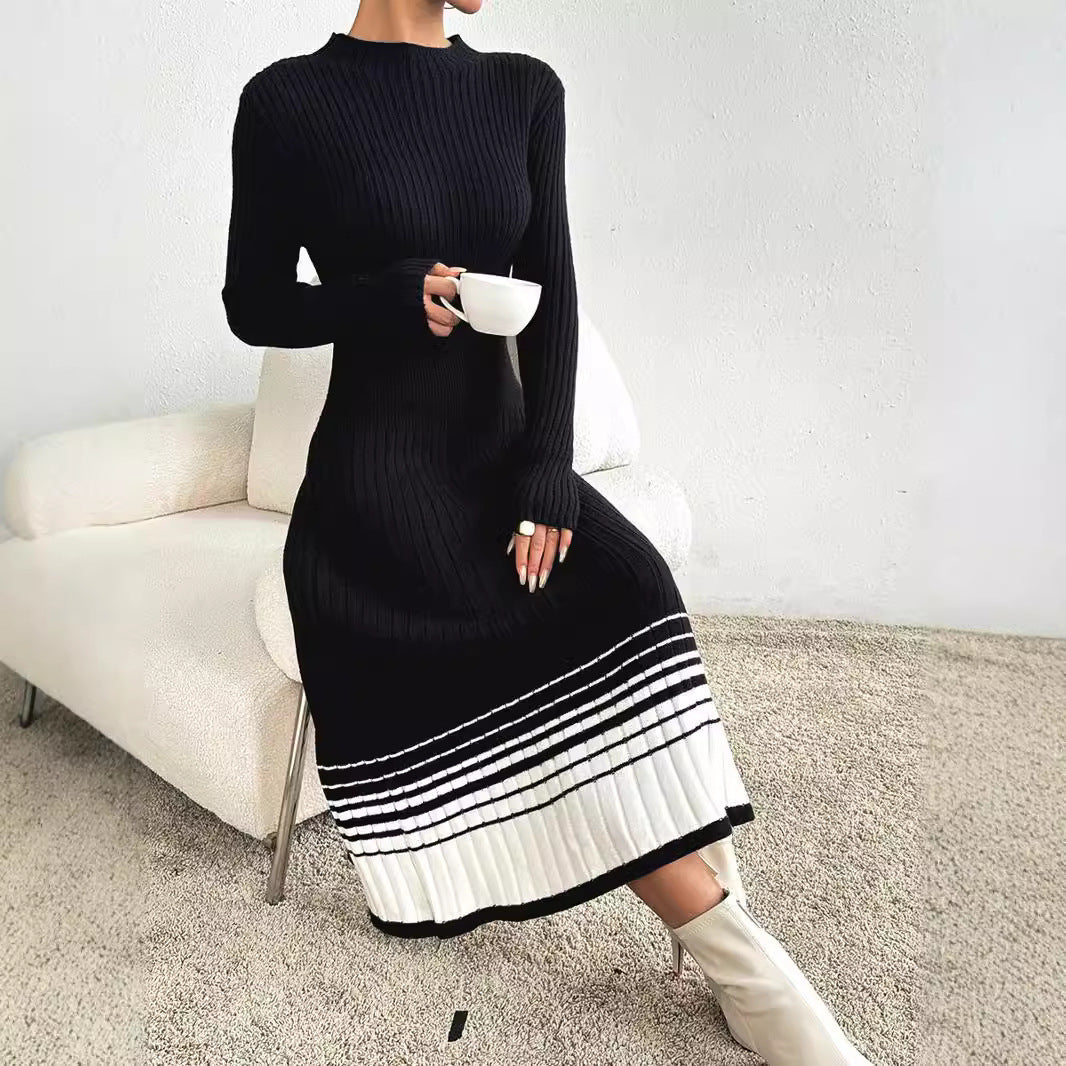 Women's Woolen Skirt Black And White Stripes Dress ARZ