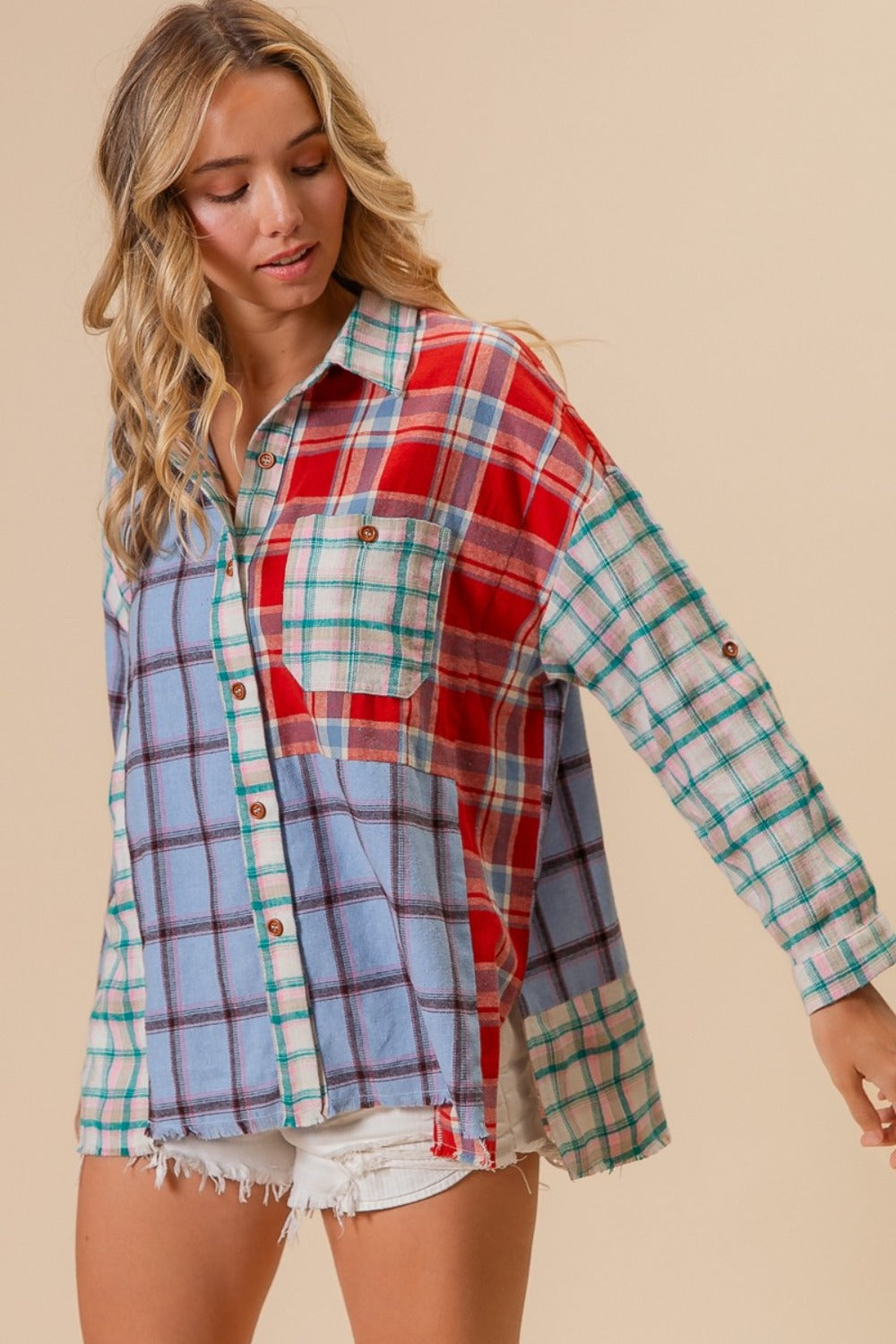 BiBi Color Block Plaid Button Down Shirt Trendsi