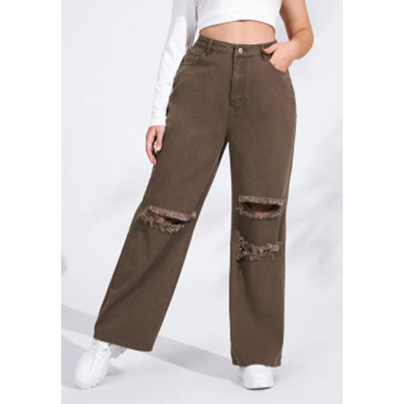 Women's Denim With Hole High Waist Straight-leg Pants ARZ