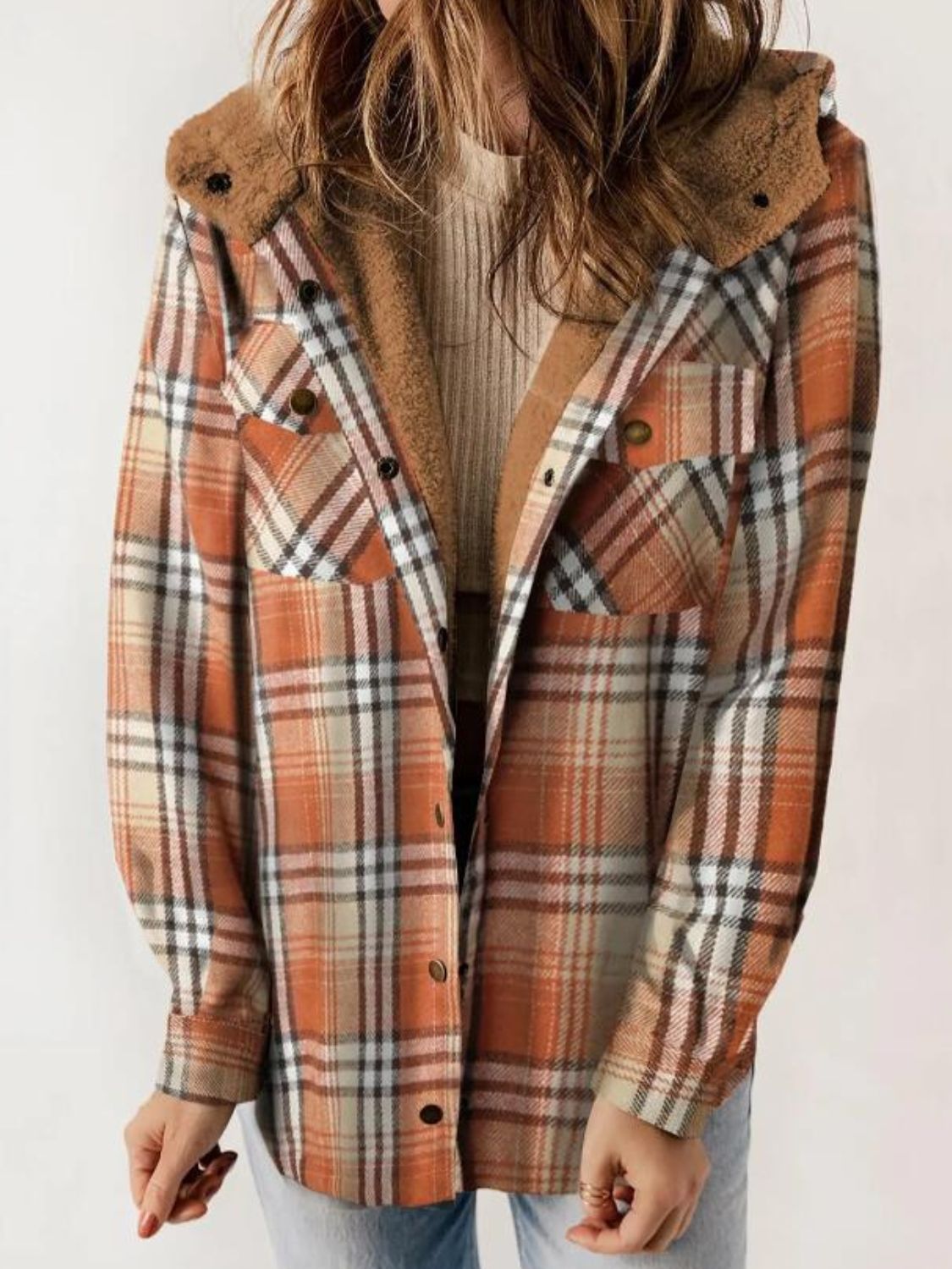 Plaid Snap Down Plush Hooded Jacket Trendsi