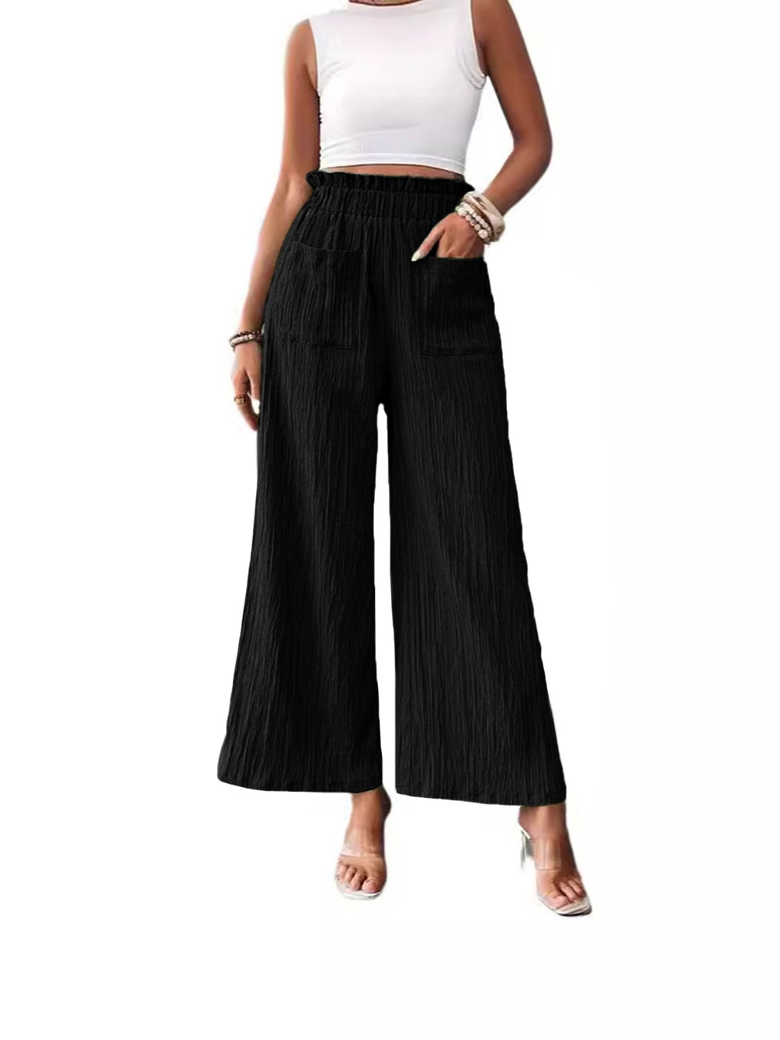 Pocketed Elastic Waist Wide Leg Pants Trendsi