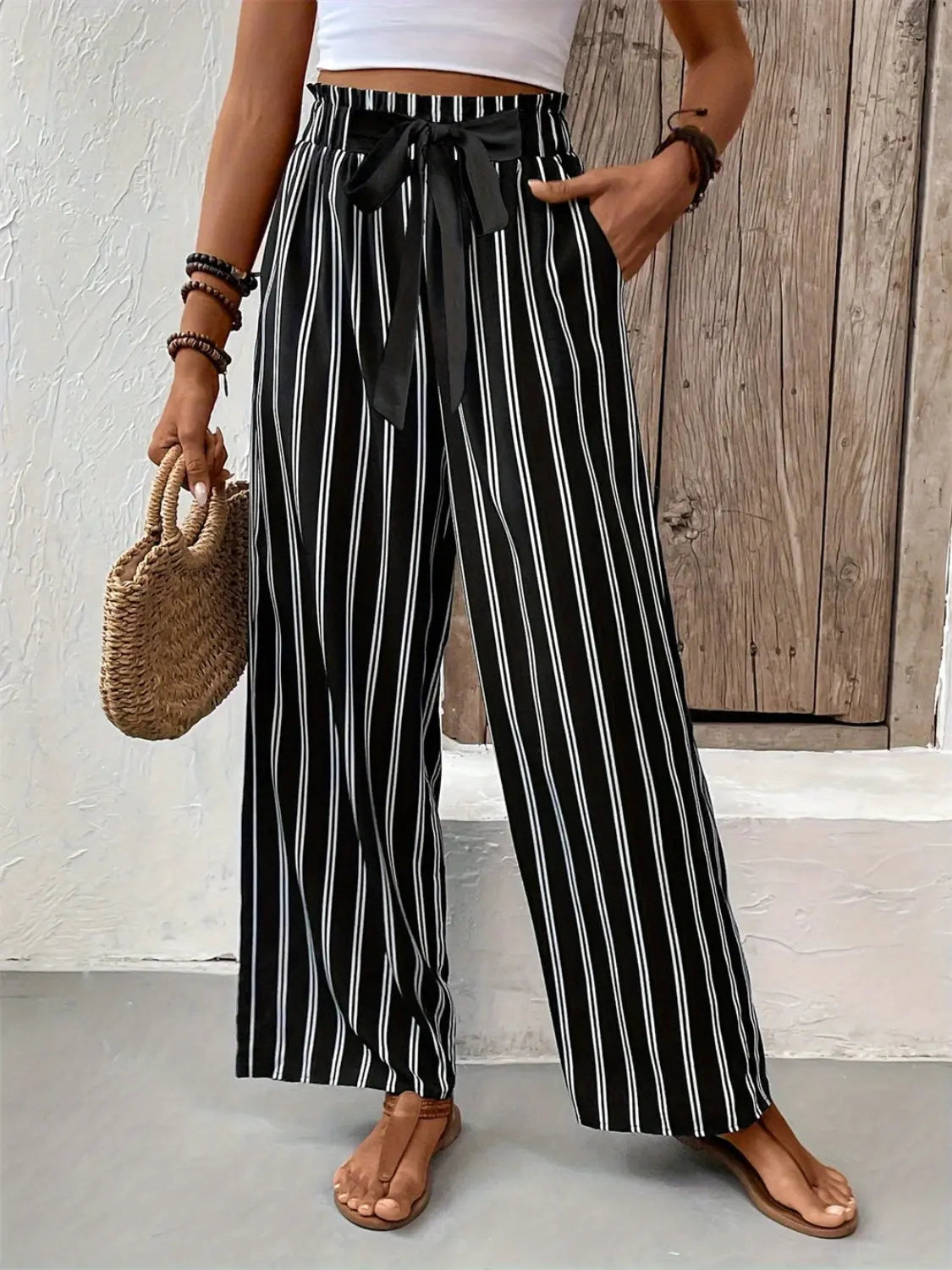 Striped High Waist Wide Leg Pants Trendsi