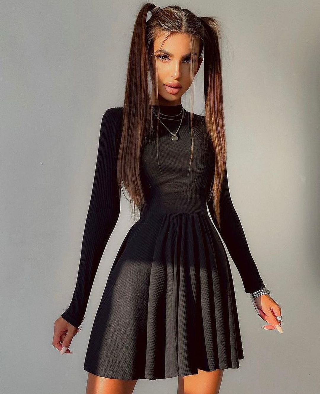 Y2K Long-sleeved Dress With Hollow Design Fashion Solid Color Round Neck A-line Dresses Fall Wainter Women's Clothing ARZ