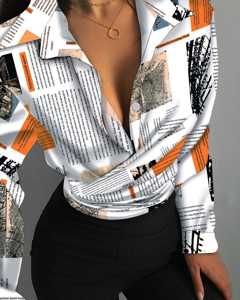 Autumn Loose Long-sleeved V-neck Printed Women's Shirt Shirt Women ARZ