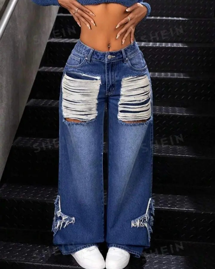 XINGX Patch Fringed Burr Loose Straight Casual Wide Leg Jeans ARZ