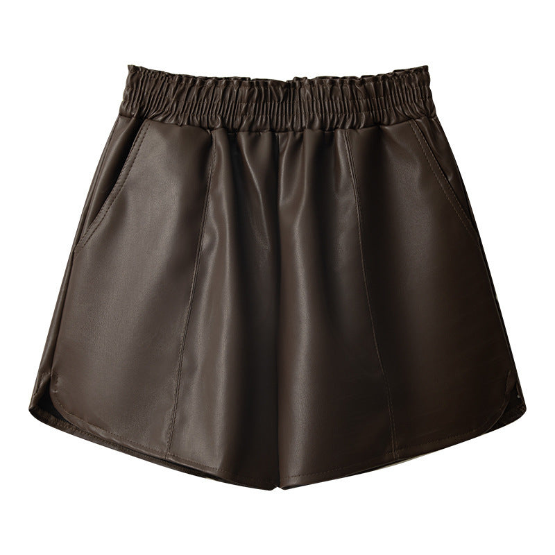 PU Leather Elastic Waist Autumn And Winter A- Line Small High Waist Slimming Outside Wear Casual Shorts ARZ