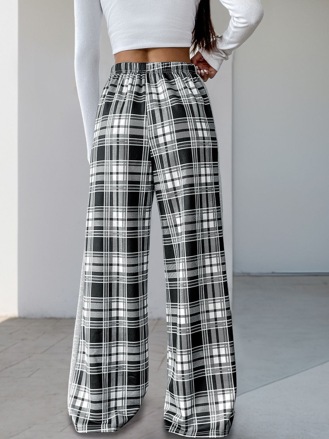 Perfee Drawstring Plaid Wide Leg Pants Trendsi