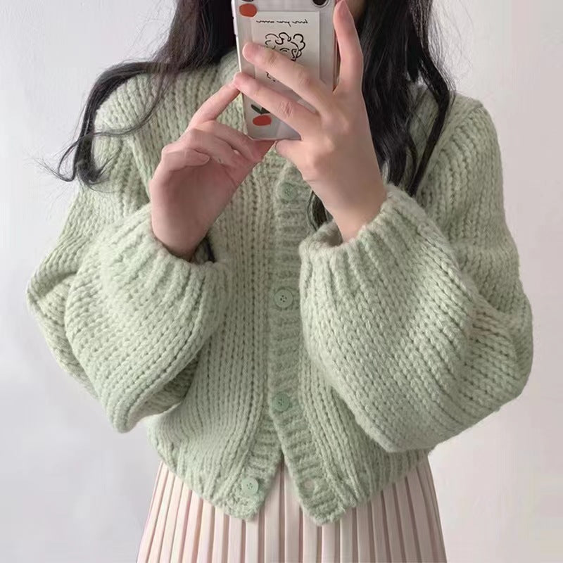 Women's Round Neck Lantern Sleeve Knitted Cardigan ARZ