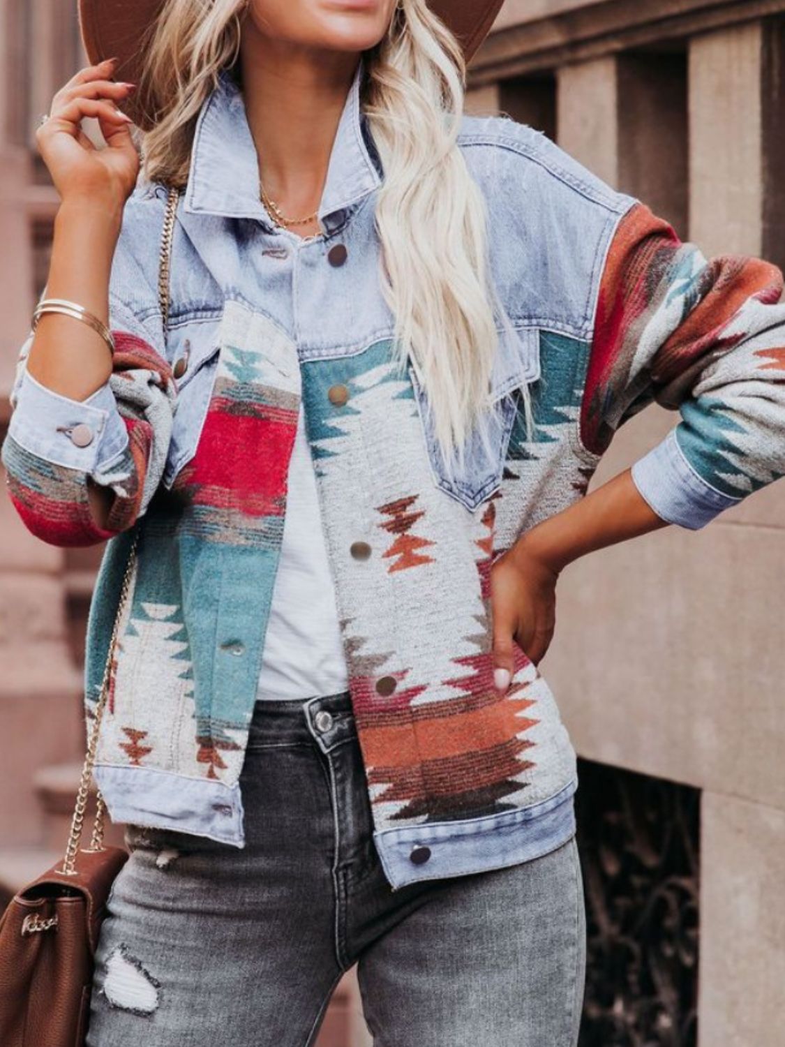 Geometric Button Up Long Sleeve Denim Jacket Trendsi