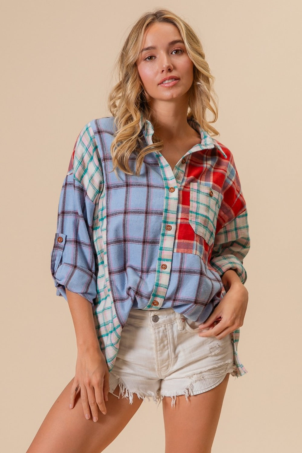 BiBi Color Block Plaid Button Down Shirt Trendsi