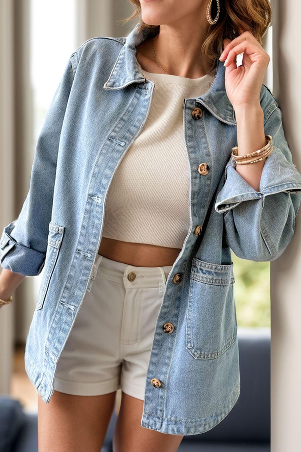 Pocketed Button Up Long Sleeve Denim Jacket Trendsi