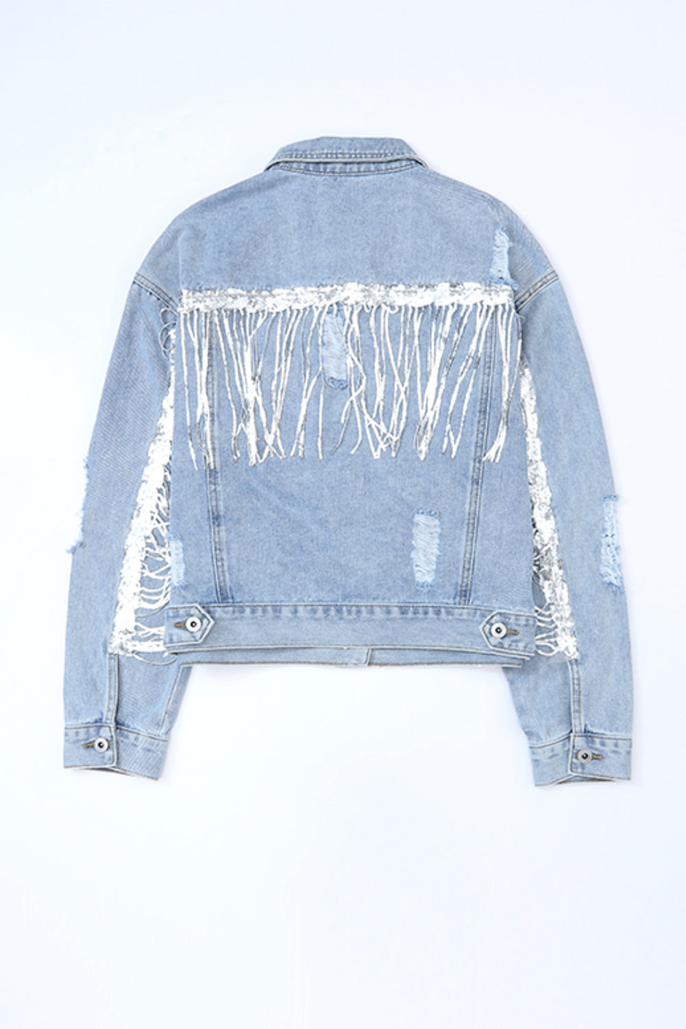 Sequin Fringe Trim Distressed Button Up Denim Jacket Trendsi