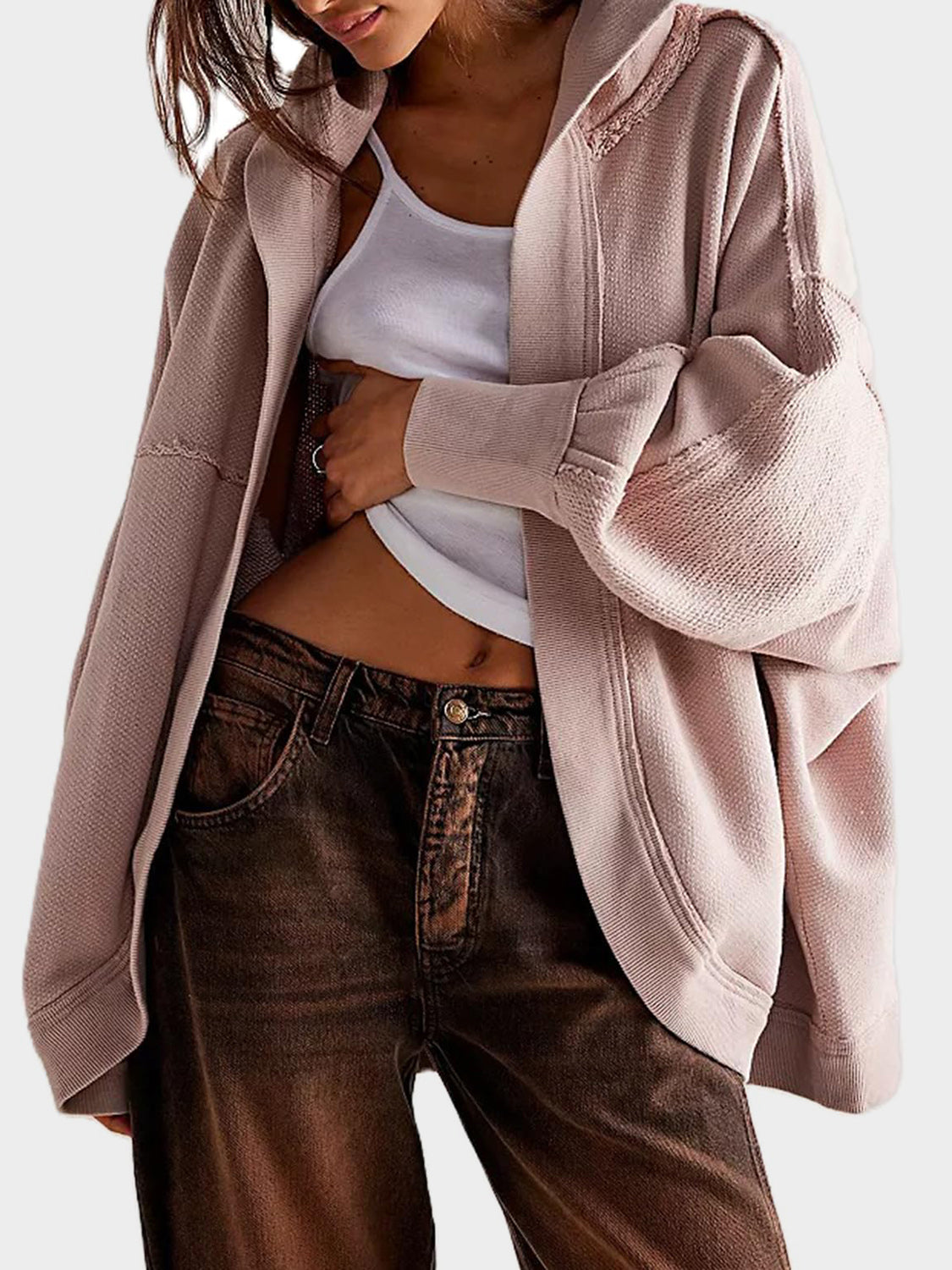 Exposed Seam Open Front Batwing Sleeve Hooded Cardigan Trendsi