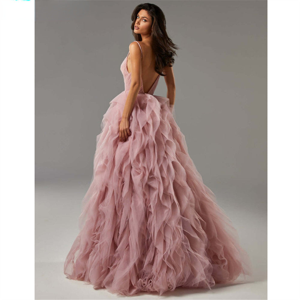 Evening Gown Prom Irregular Spaghetti-strap Mesh Long Dress ARZ