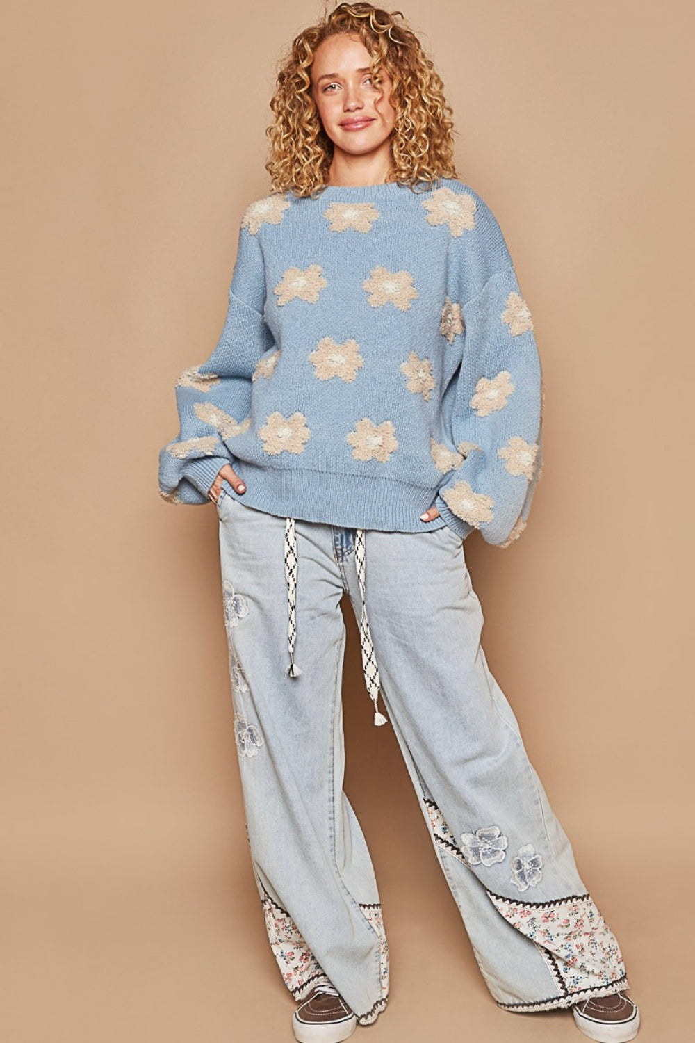 POL Daisy Pattern Drop Shoulder Sweater Trendsi