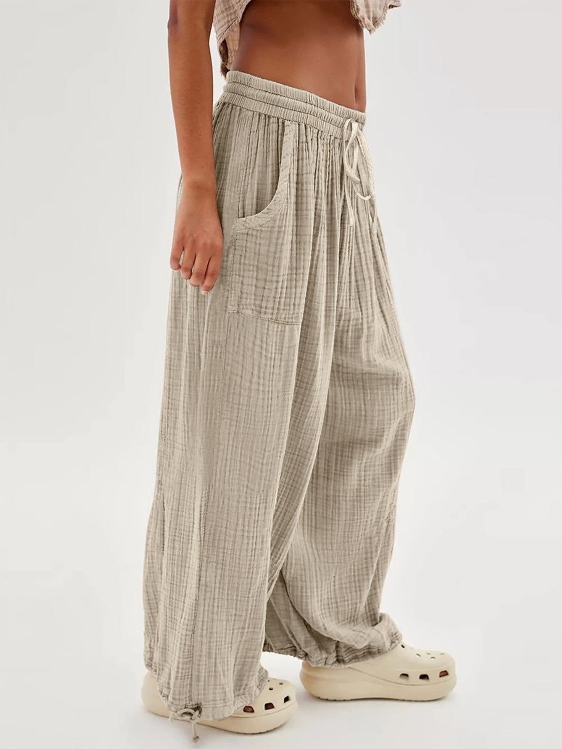 Textured Tied Pants with Pockets Trendsi