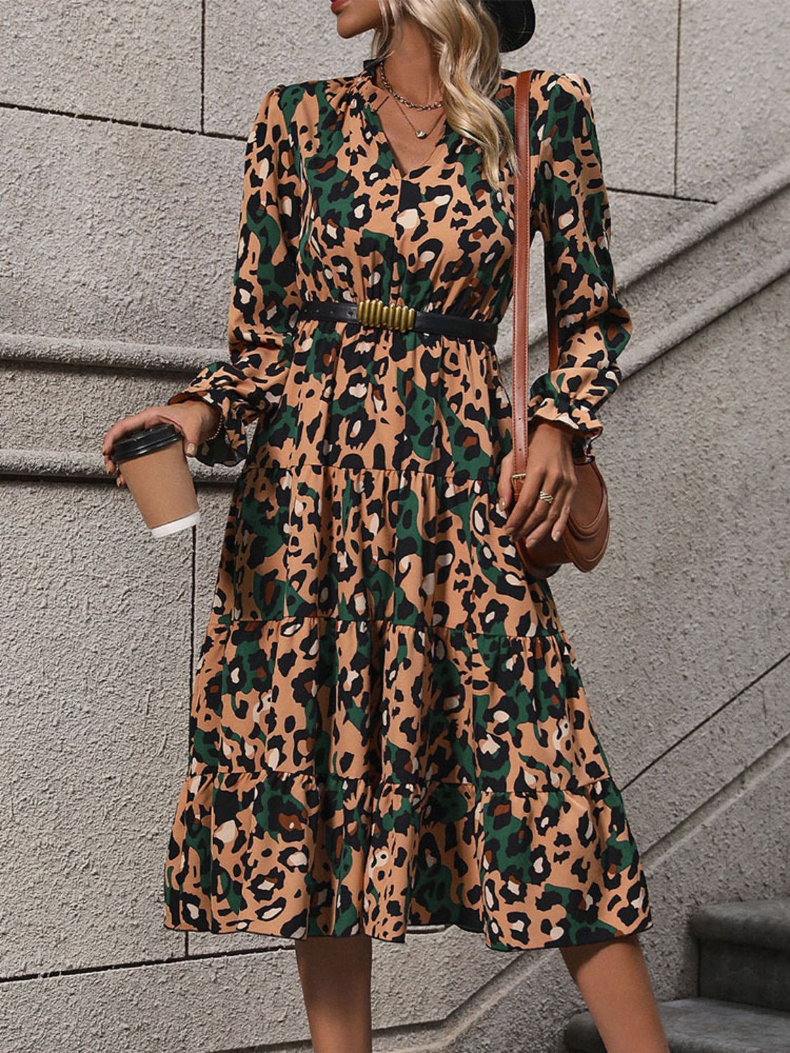 Perfee Leopard Notched Flounce Sleeve Midi Dress Trendsi