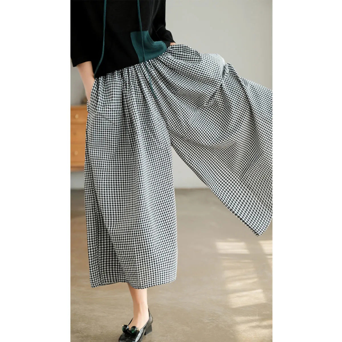 Plus Size Imitation Cotton And Linen Plaid Casual Cropped Pants For Women ARZ