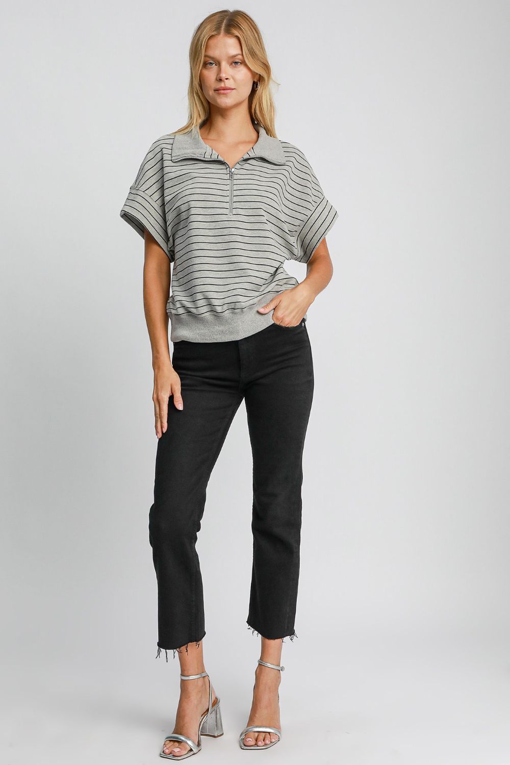 Umgee Striped Half Zip Short Sleeve Sweatshirt Trendsi