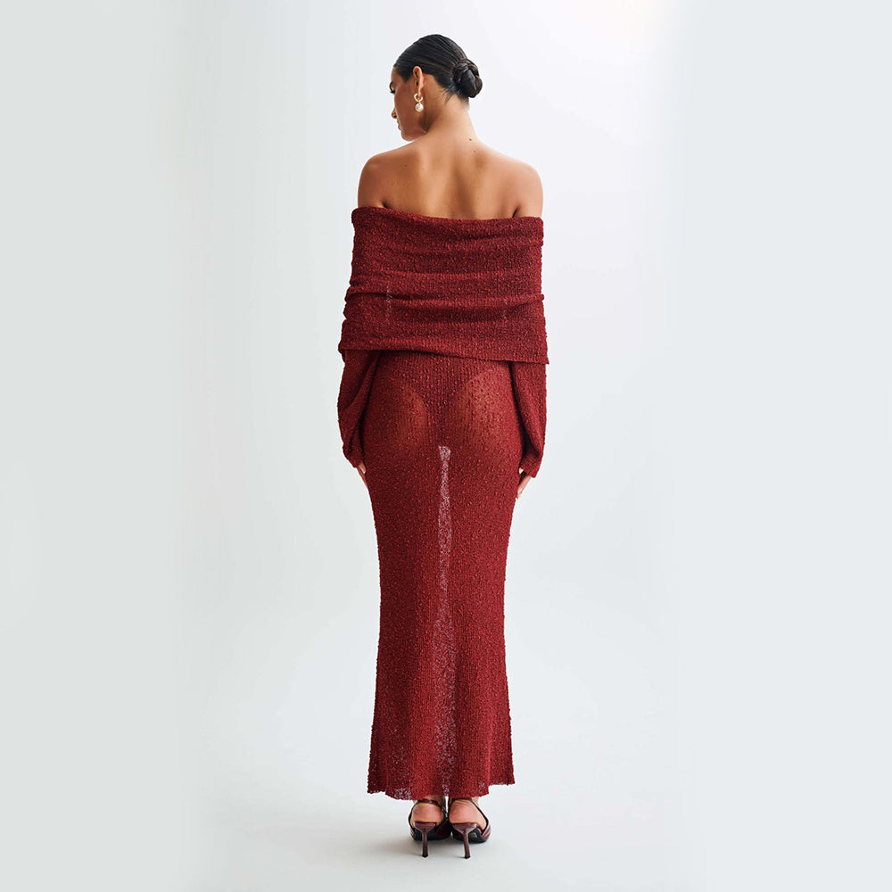 New One-shoulder Knitted Long-sleeved Dress Sexy Beach Holiday Long Dresses Womens Clothing ARZ